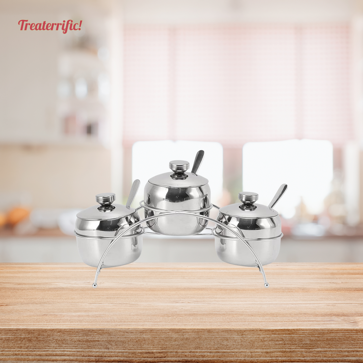 Stainless Steel Condiment Jar Set of 3 with Spoon and Lids