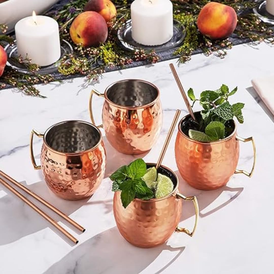 Set of 4 Hammered Copper Moscow Mule Mugs with Straws - 16oz Cups
