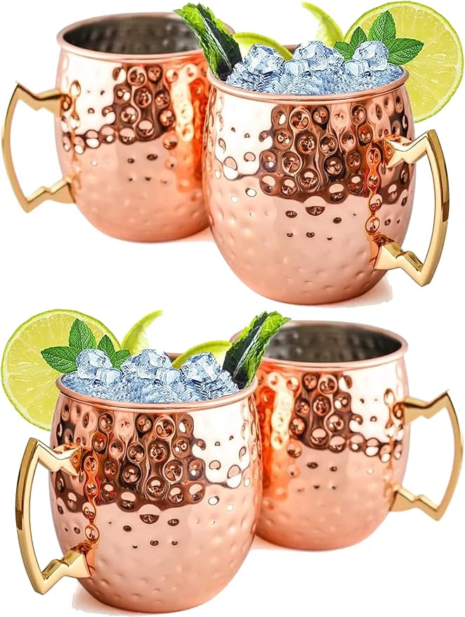 Set of 4 Hammered Copper Moscow Mule Mugs with Straws - 16oz Cups