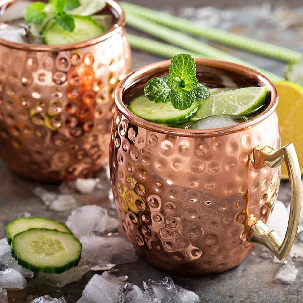 Set of 4 Hammered Copper Moscow Mule Mugs with Straws - 16oz Cups