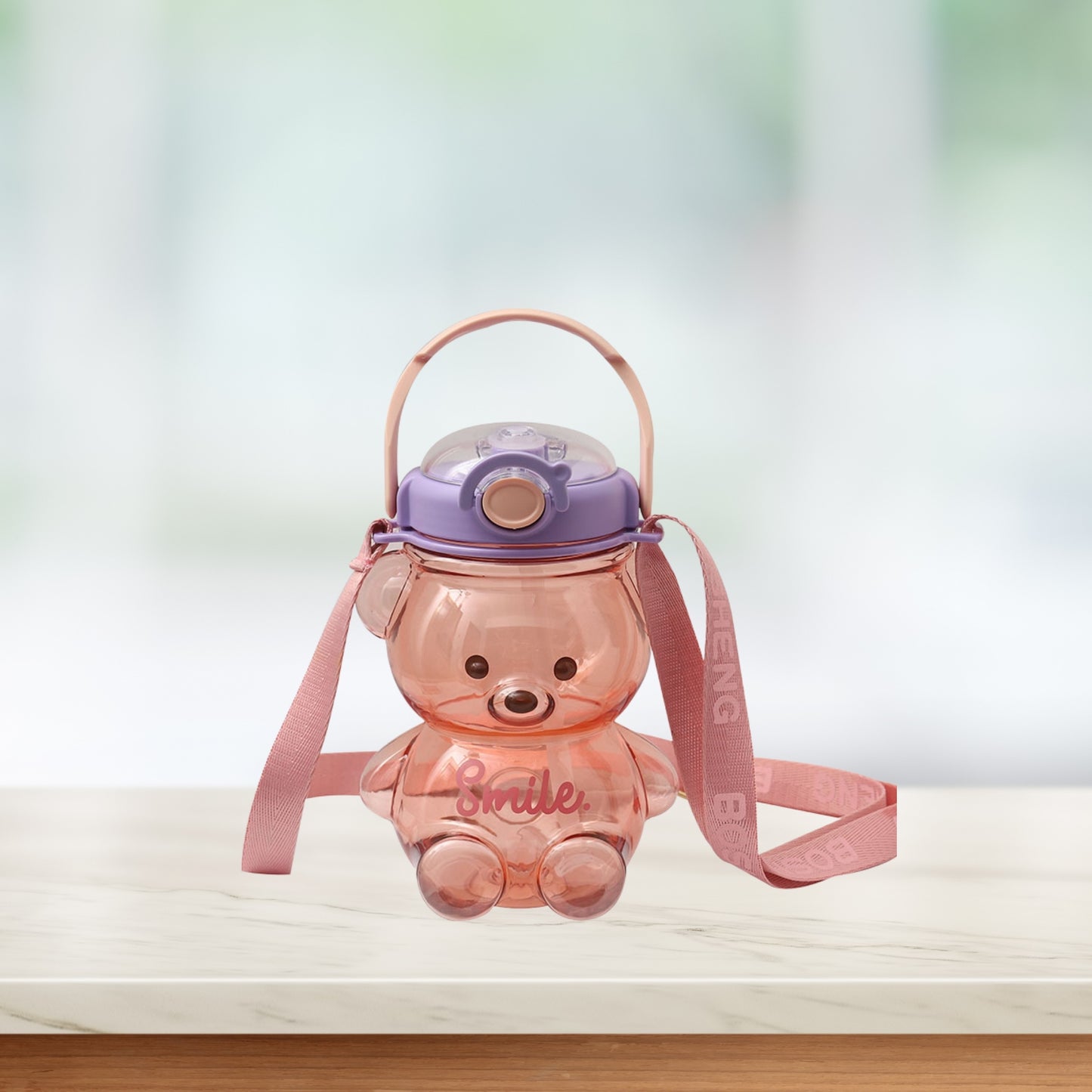 Teddy-Shaped Water Bottle with Straw and Strap for Children