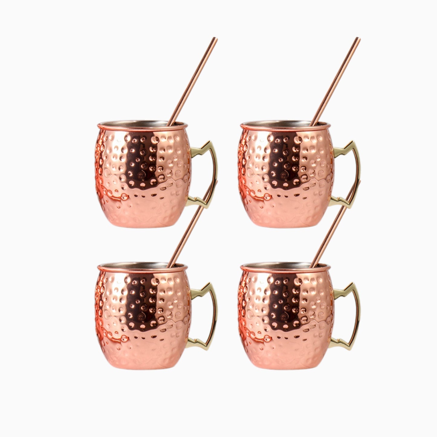 Set of 4 Hammered Copper Moscow Mule Mugs with Straws - 16oz Cups