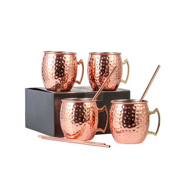 Set of 4 Hammered Copper Moscow Mule Mugs with Straws - 16oz